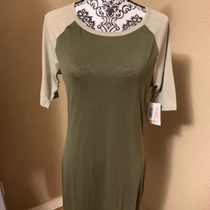 LuLaRoe M Julia olive green with tan sleeves